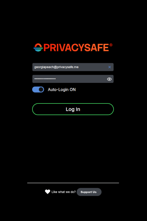 The PrivacySafe login screen: an identity of the form name@privacysafe.me, a masked password, an Auto-Login toggle switched on, and a Log In button.